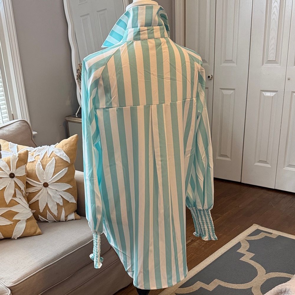Striped Button-Up Shirt in Aqua & White - Longer in Back Size M - Picture 4 of 7